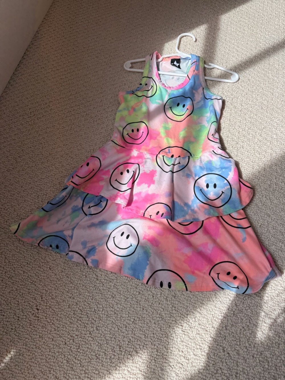 Pixielane Girls Tie-Dye Smiley Tiered Dress - Pink Multicolor